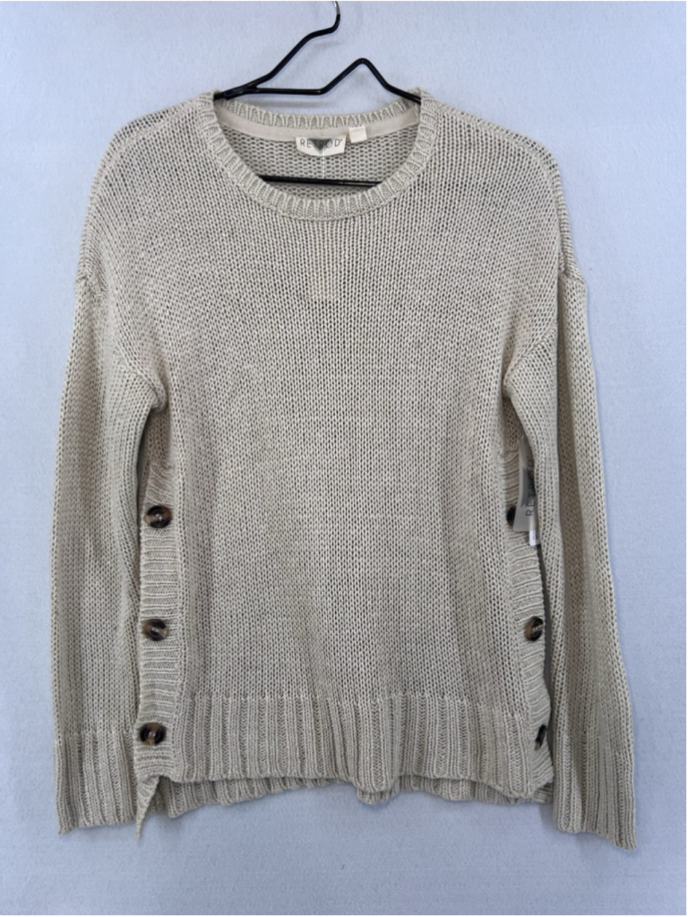 RetRod Knit Pullover Sweater Beige Button Accent Crew Neck Long Sleeve Small NWT - Picture 2 of 16